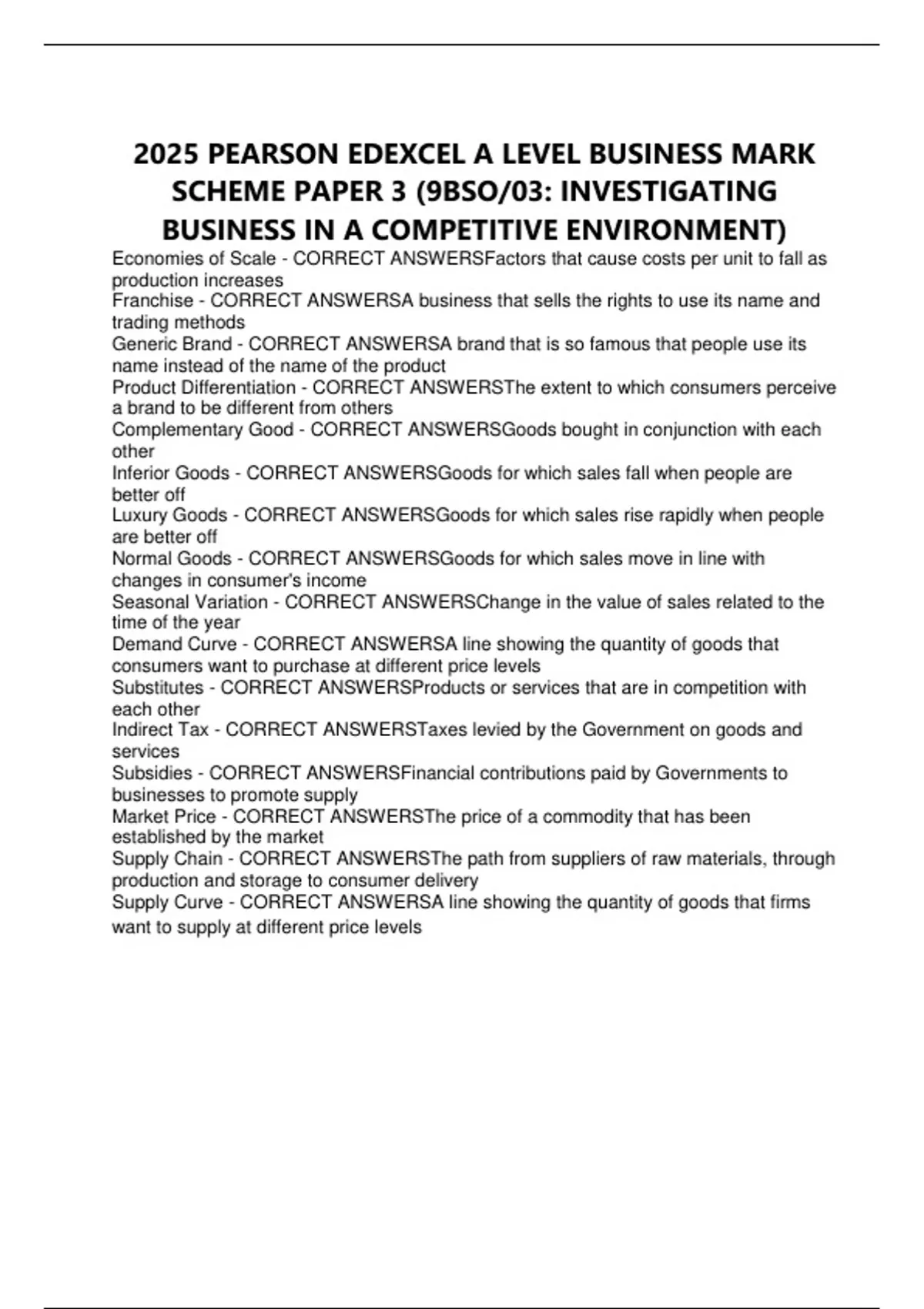 2025 PEARSON EDEXCEL A LEVEL BUSINESS MARK SCHEME PAPER 3 (9BSO/03 ...