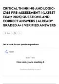CRITICAL THINKING AND LOGIC-C168 PRE-ASSESSMENT &vert; &lpar;LATEST EXAM 2025&rpar; QUESTIONS AND CORRECT ANSWERS &vert; ALREADY GRADED A&plus; &vert; VERIFIED ANSWERS