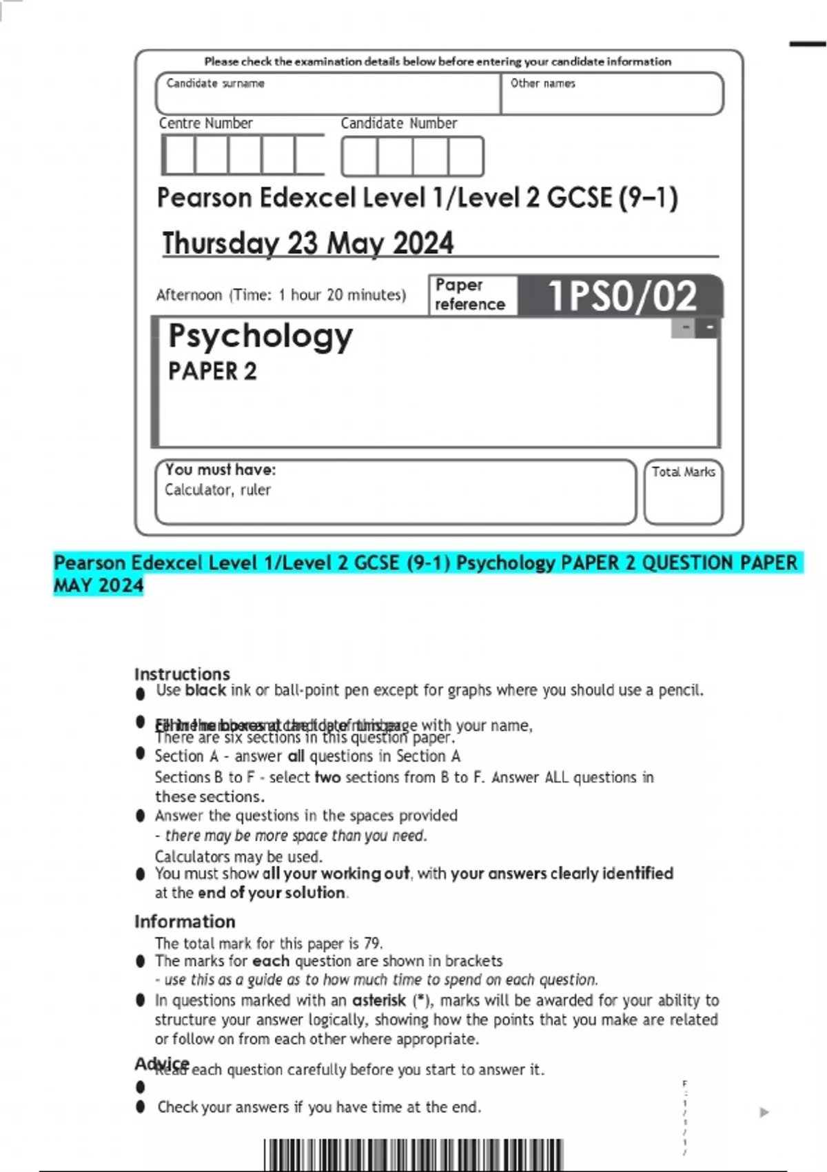 Pearson Edexcel Level 1/Level 2 GCSE (9–1) Psychology PAPER 2 QUESTION ...