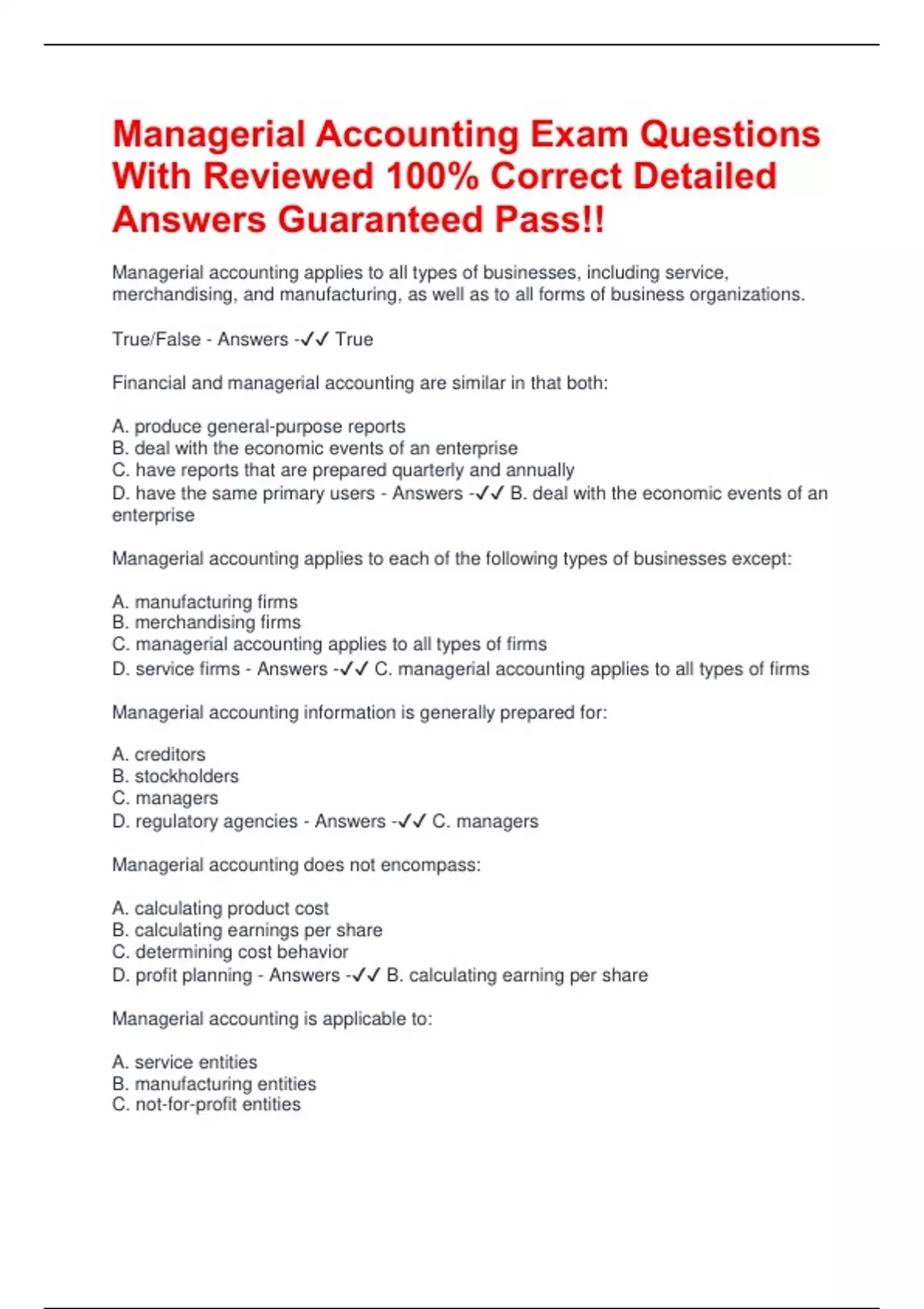 Managerial Accounting Exam Questions With Reviewed 100% Correct ...