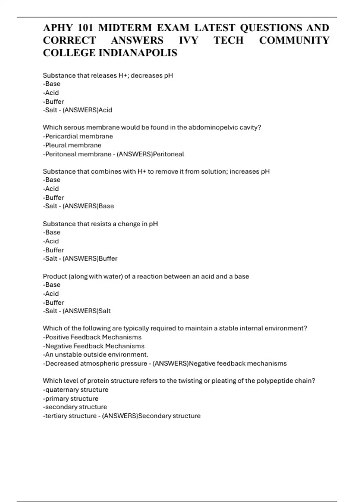 APHY 101 MIDTERM EXAM LATEST QUESTIONS AND CORRECT ANSWERS IVY TECH ...