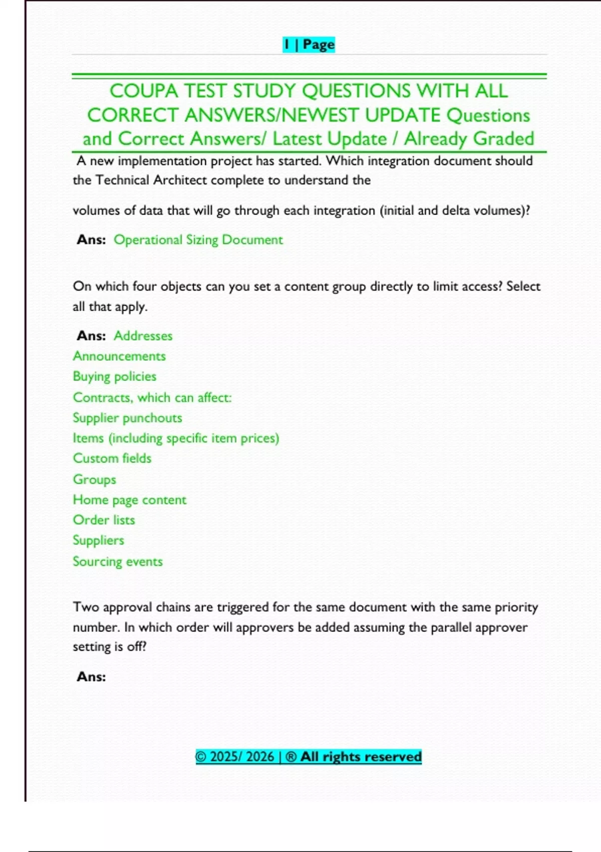 Copa Questions Answers COUPA TEST STUDY QUESTIONS WITH ALL CORRECT ANSWERS/NEWEST UPDATE ...