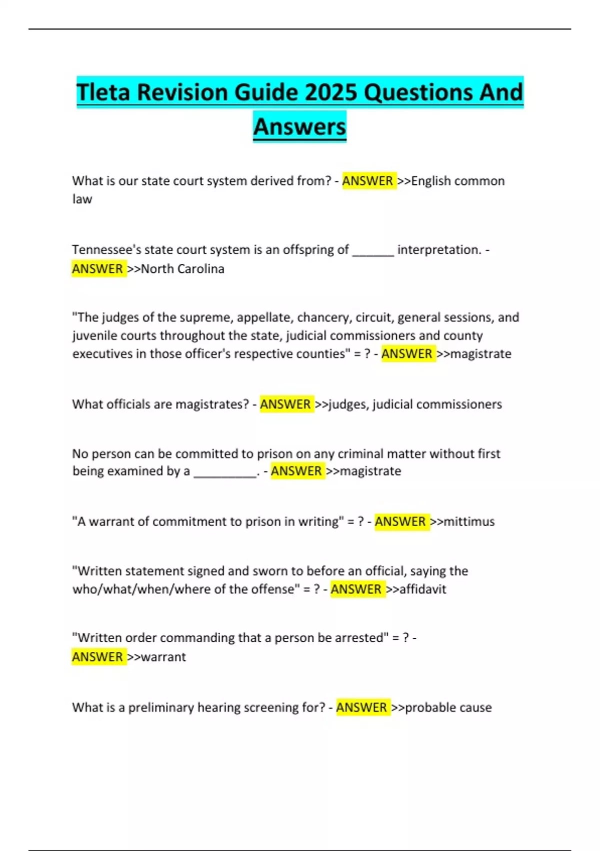 Tleta Revision Guide 2025 Questions And Answers - TLETA - Stuvia US
