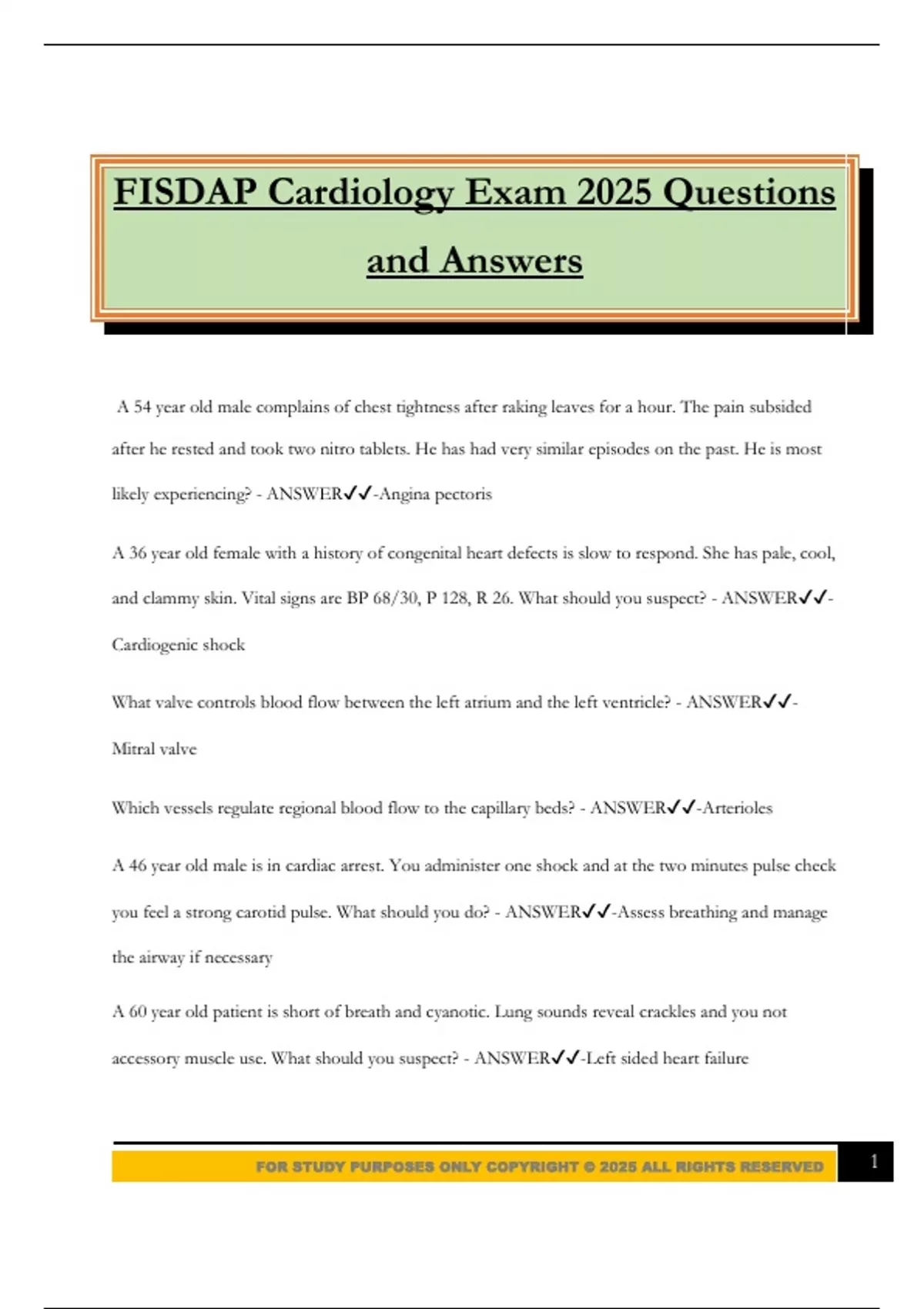 FISDAP Cardiology Exam 2025 Questions and Answers - Fisdap - Stuvia US