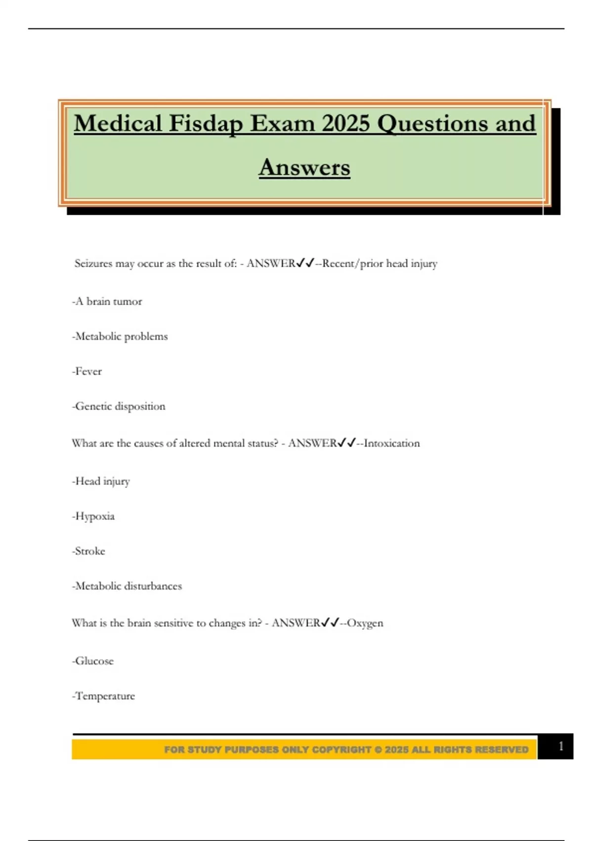 Medical Fisdap Exam 2025 Questions and Answers - Fisdap - Stuvia US