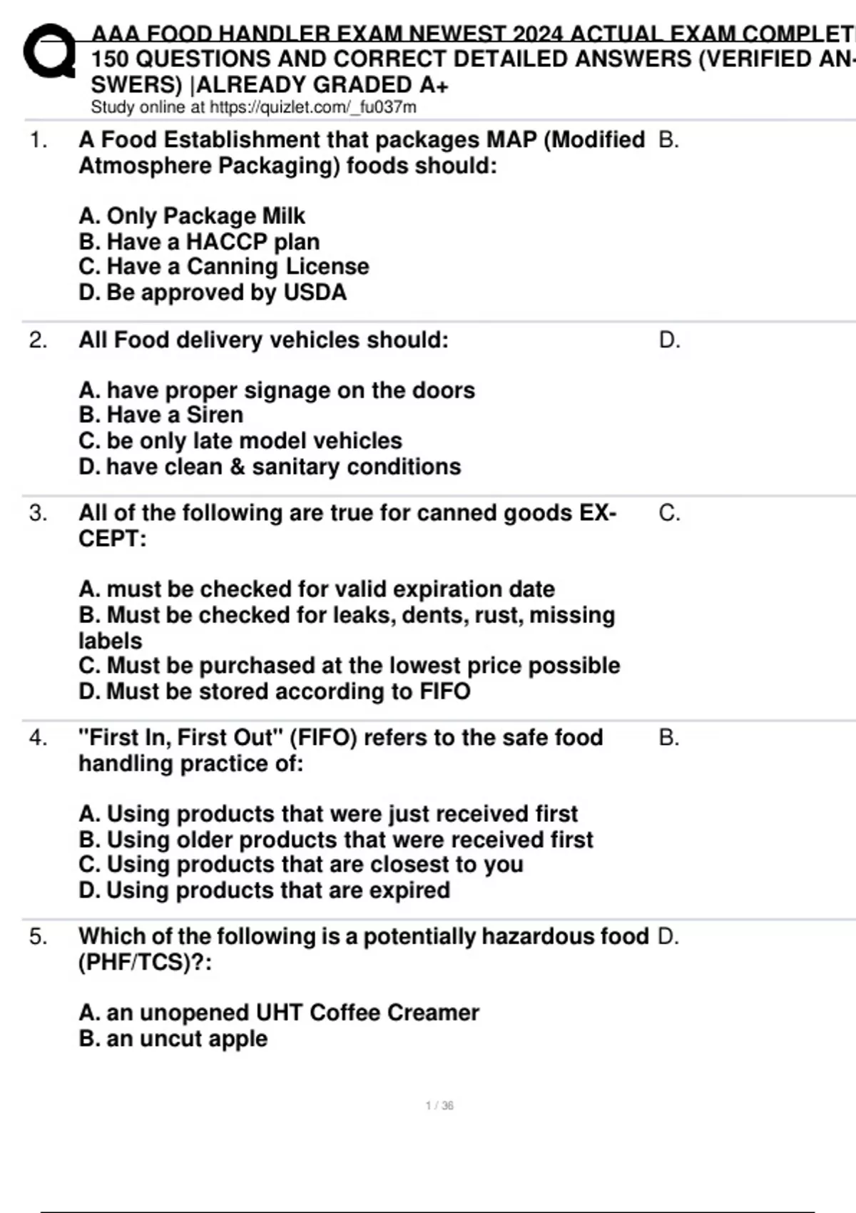 AAA Food Handler Exam – Newest 2024 Edition – 150 Verified Questions ...