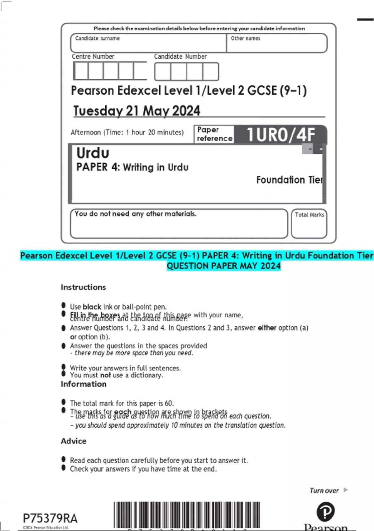 Pearson Note Paper Pearson Edexcel Level 1/Level 2 GCSE (9–1) PAPER 4: Writing in Urdu ...