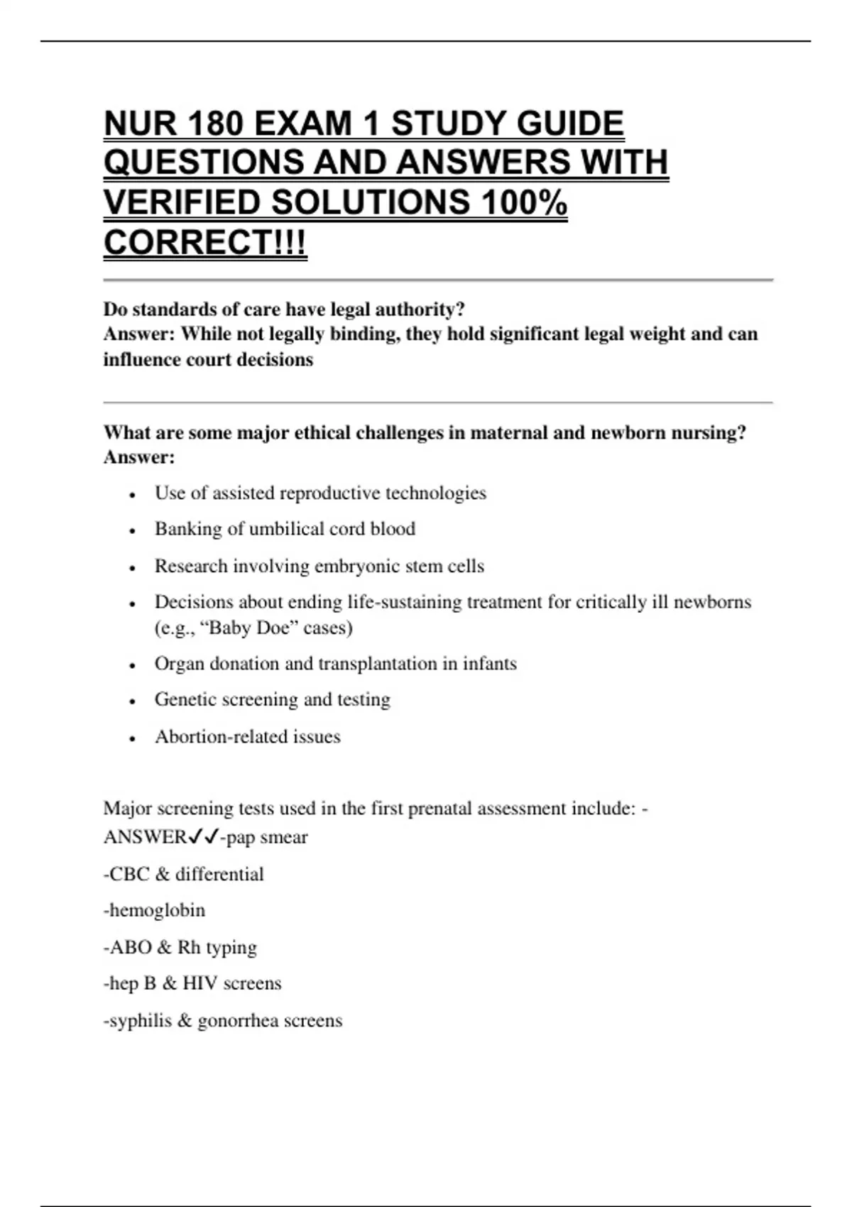 NUR 180 EXAM 1 STUDY GUIDE QUESTIONS AND ANSWERS WITH VERIFIED ...