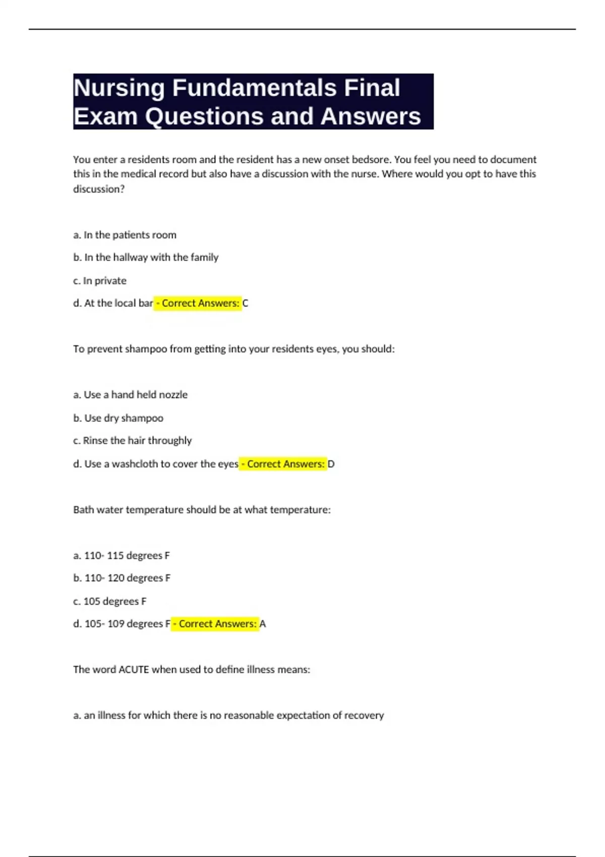 Fundamentals Of Nursing Final Exam