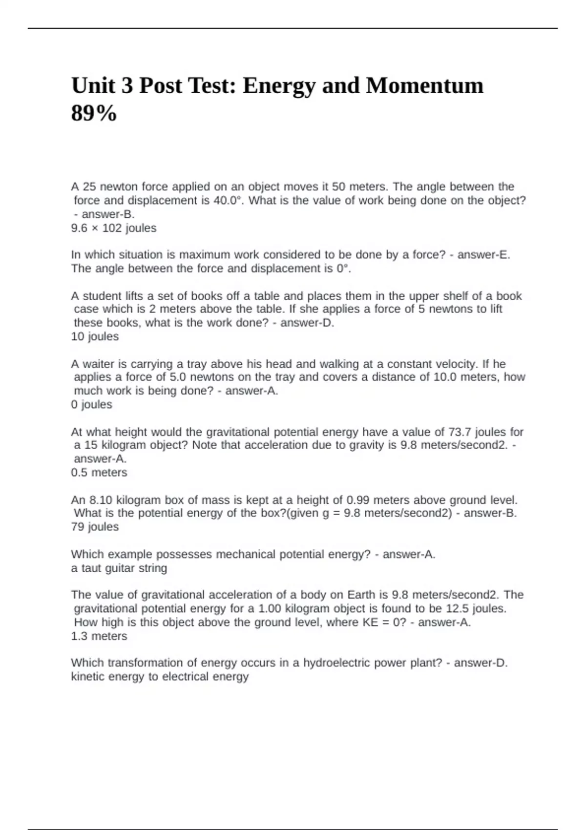 Unit 3 Post Test: Energy and Momentum 89% questions with complete ...