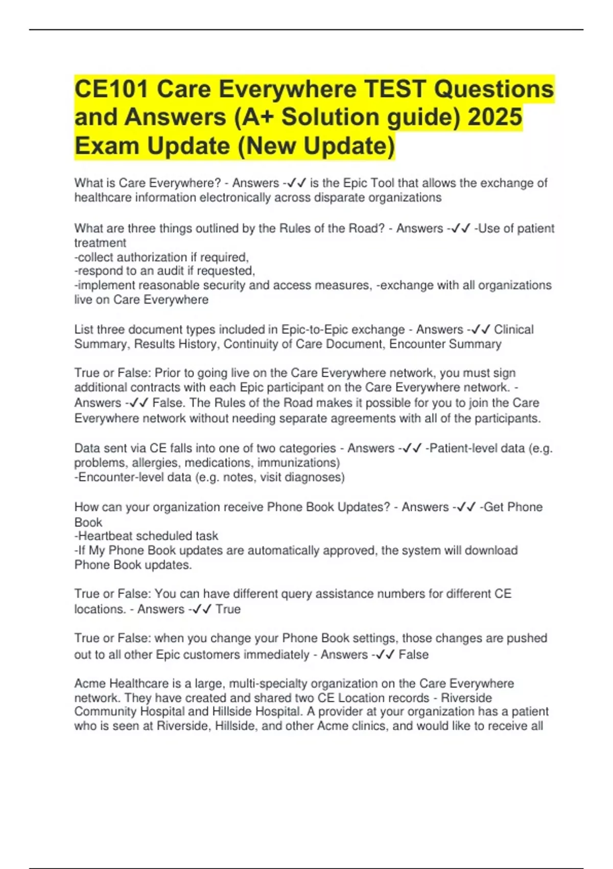 CE101 Care Everywhere TEST Questions and Answers (A+ Solution guide ...