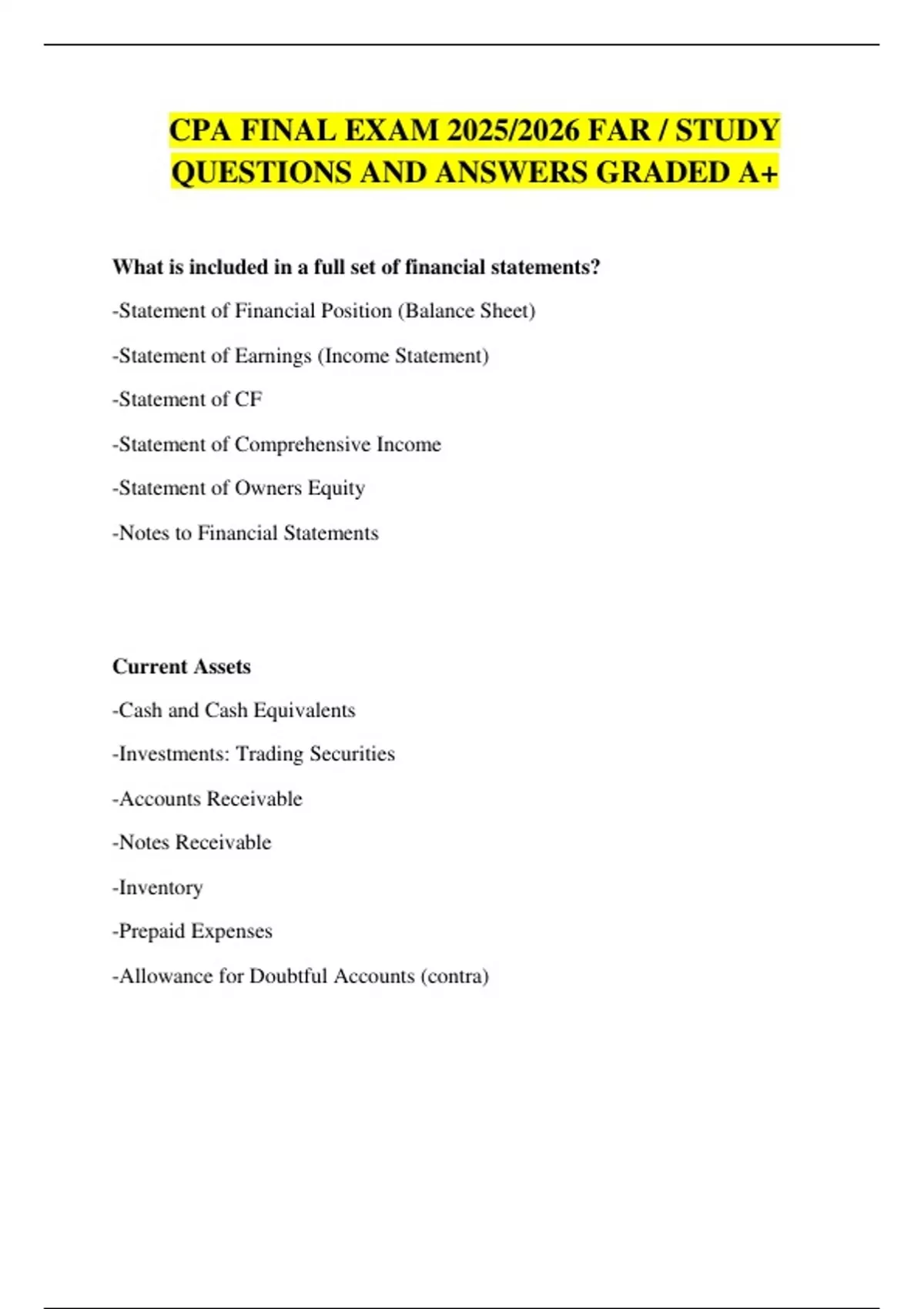 CPA FINAL EXAM 2025/2026 FAR / STUDY QUESTIONS AND ANSWERS GRADED A+ ...