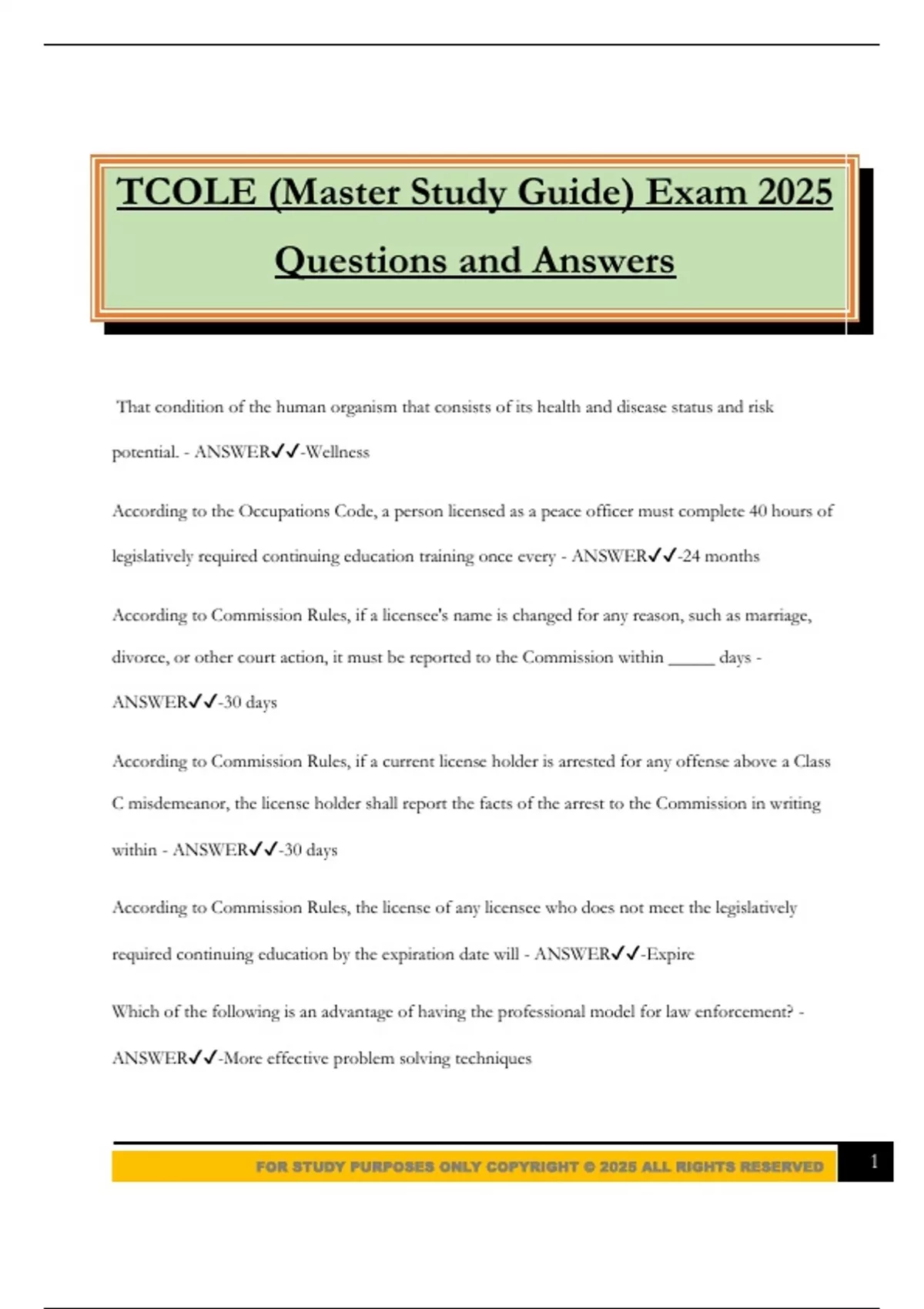 Tql Study Guide TCOLE (Master Study Guide) Exam 2025 Questions and Answers - Tcole ...