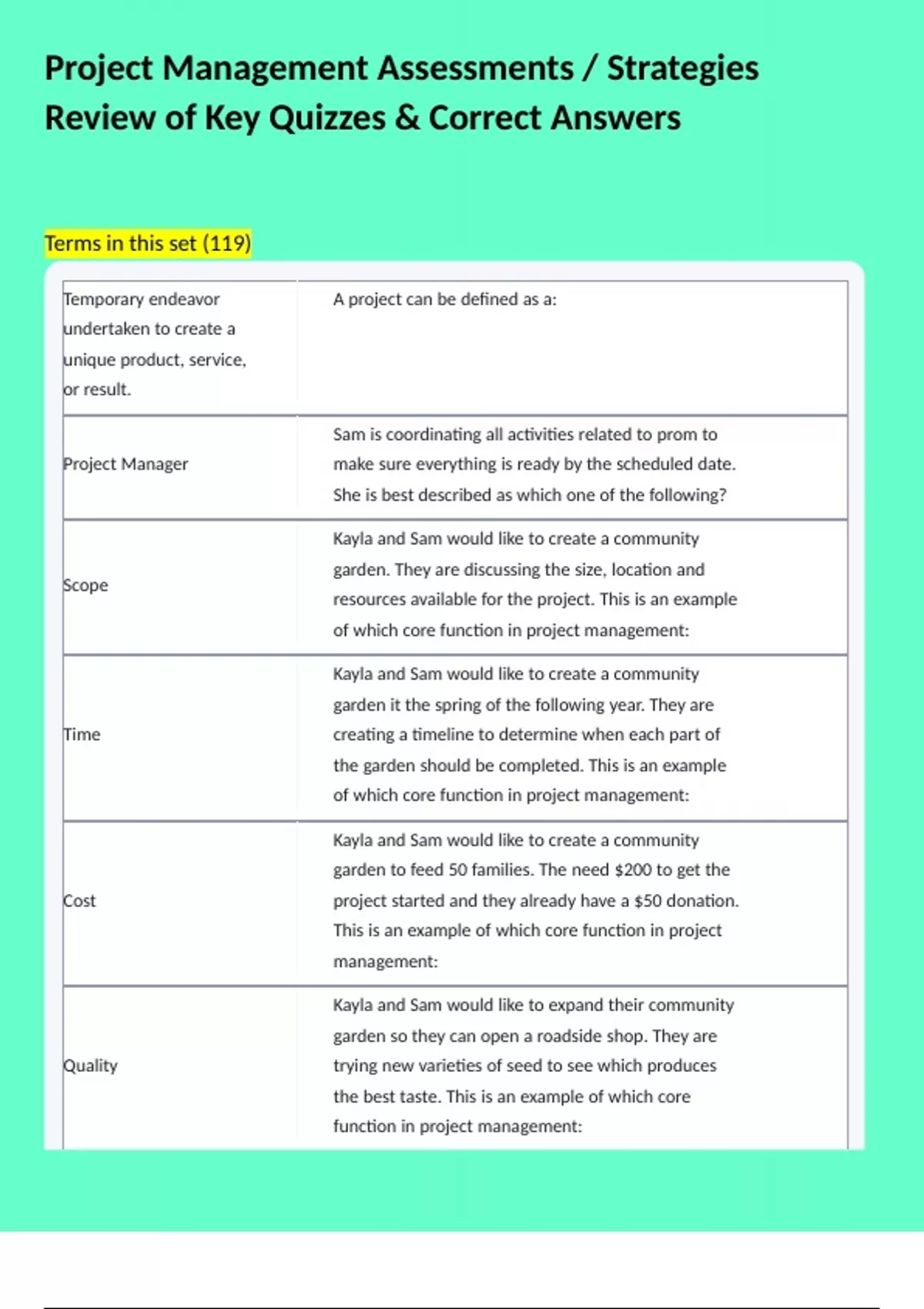 Project Management Assessments / Strategies Review of Key Quizzes ...