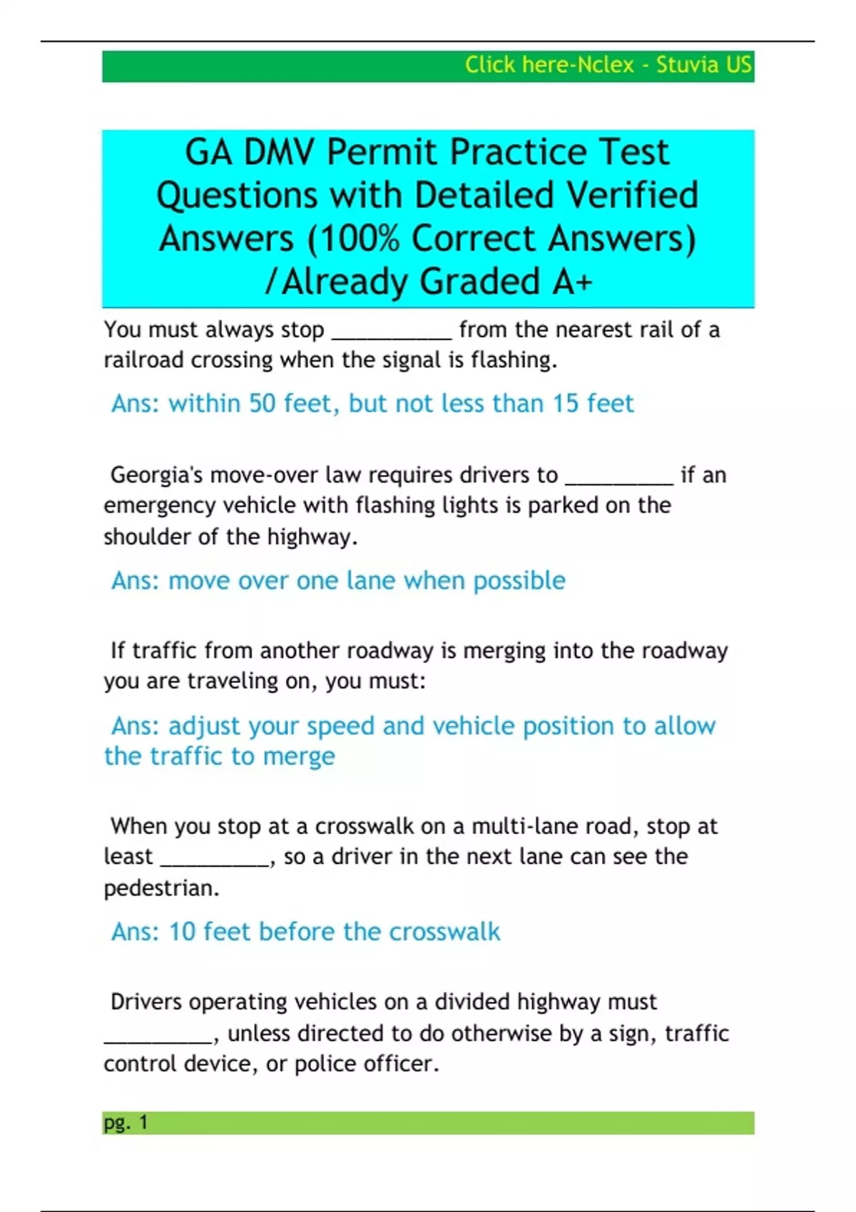 GA DMV Permit Practice Test Questions with Detailed Verified Answers ...