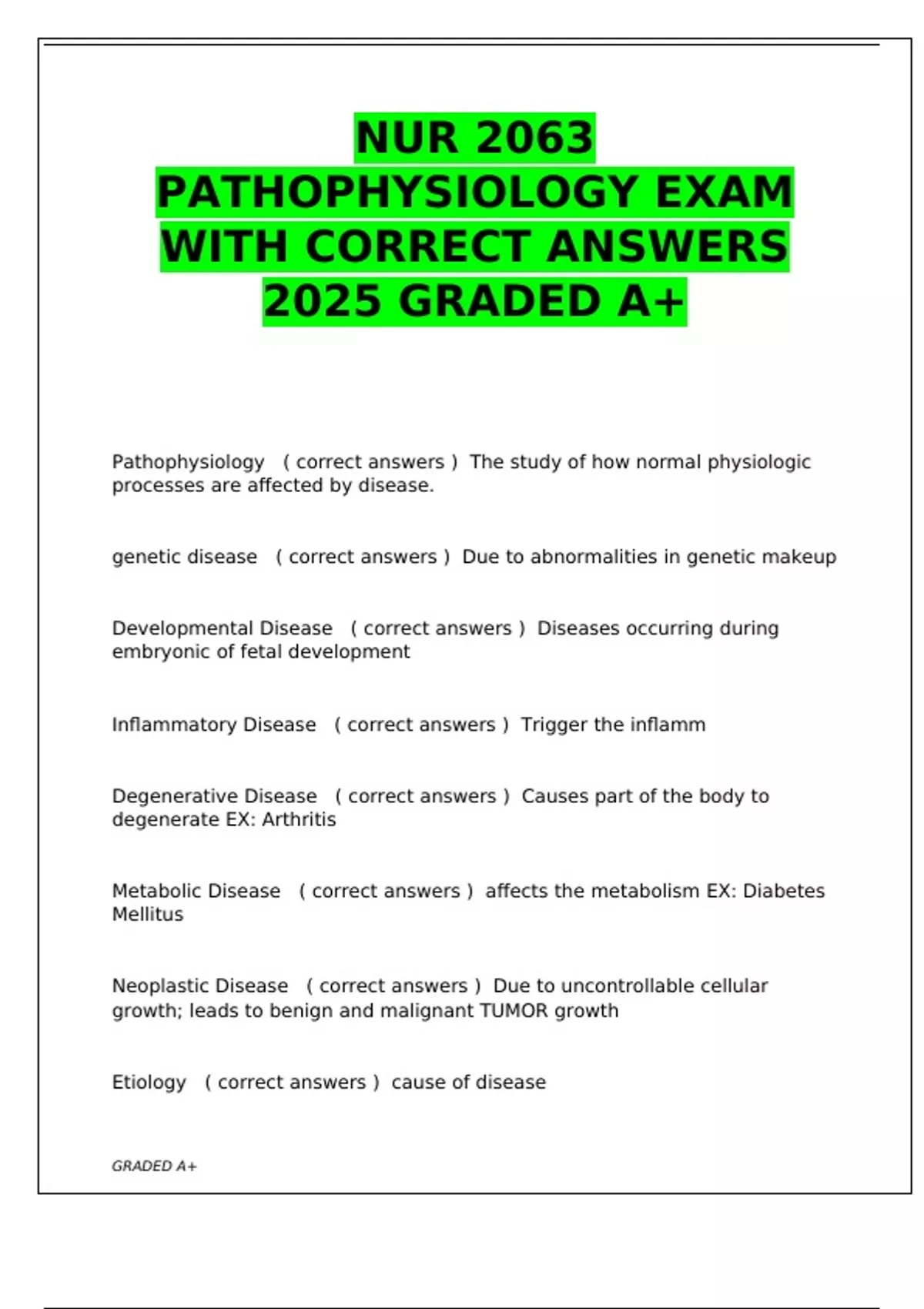 NUR 2063 PATHOPHYSIOLOGY EXAM WITH CORRECT ANSWERS 2025 GRADED A+ - NUR ...