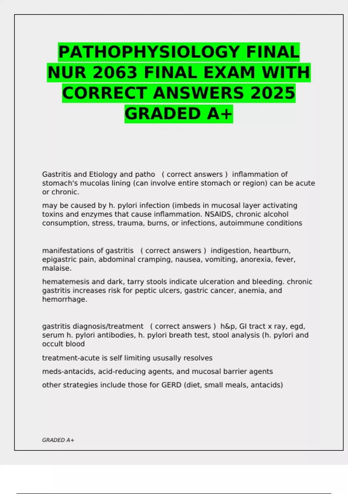 PATHOPHYSIOLOGY FINAL NUR 2063 FINAL EXAM WITH CORRECT ANSWERS 2025 ...
