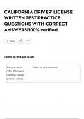 CALIFORNIA DRIVER' LICENSE WRITTEN TEST PRACTICE QUESTIONS WITH CORRECT ANSWERS&vert;100&percnt; verified