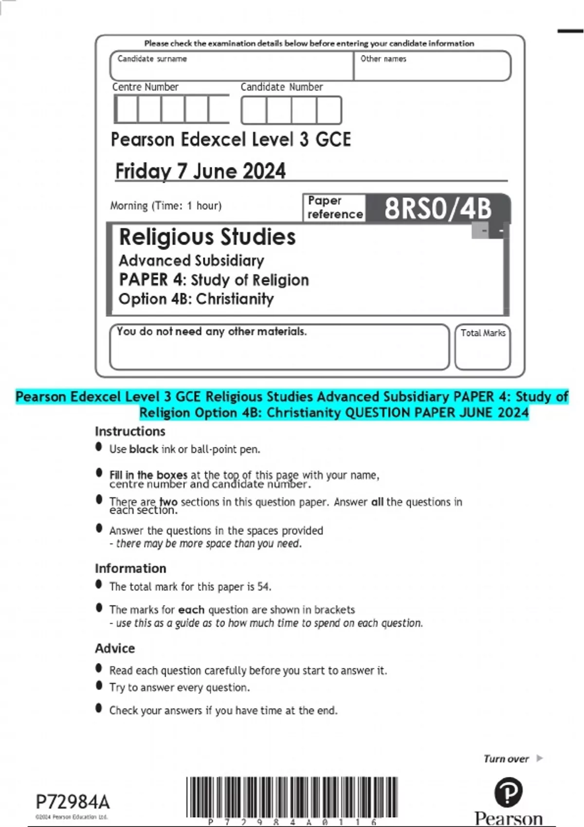 Pearson Edexcel Level 3 GCE Religious Studies Advanced Subsidiary PAPER ...