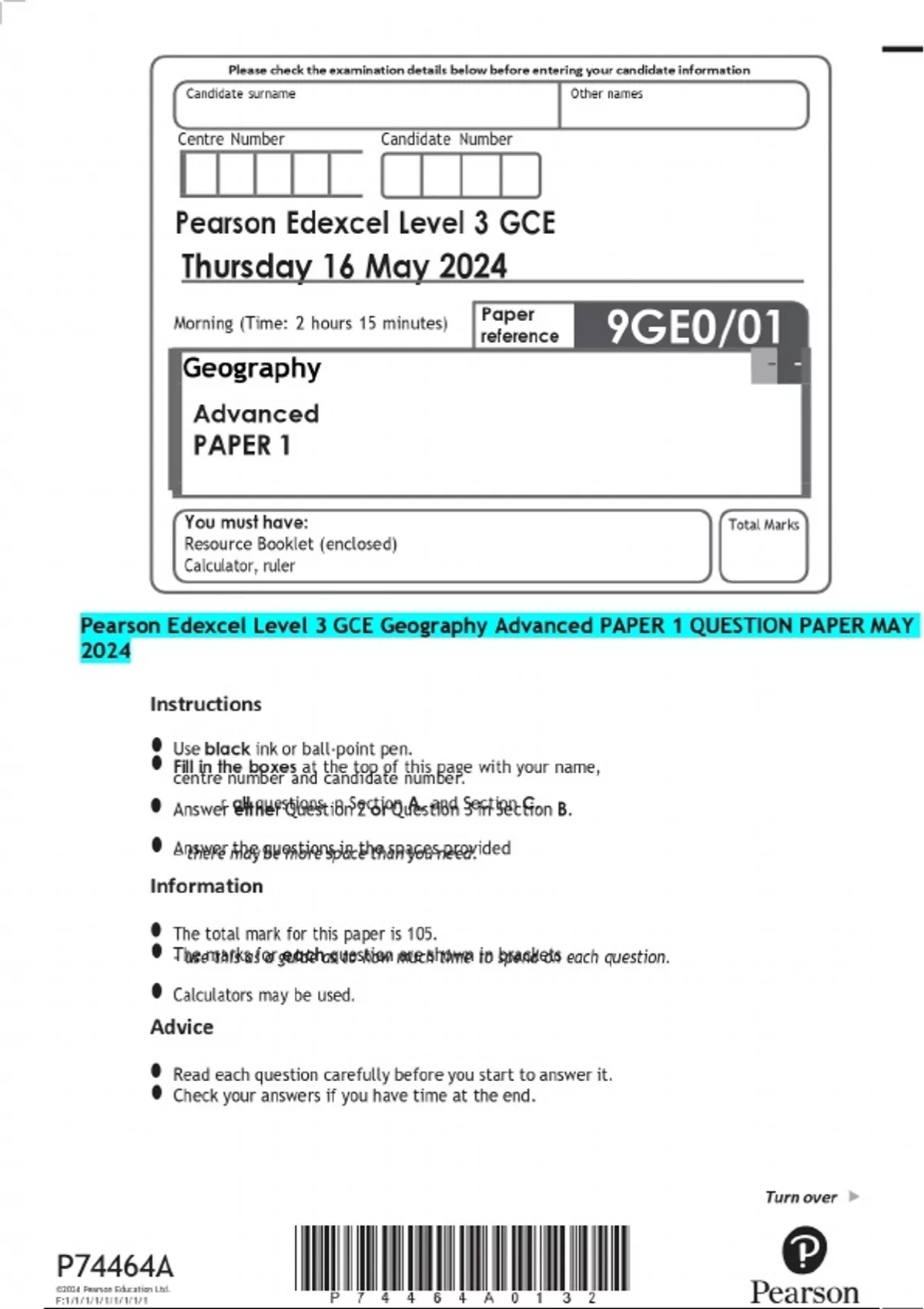 Pearson Edexcel Level 3 GCE Geography Advanced PAPER 1 QUESTION PAPER ...