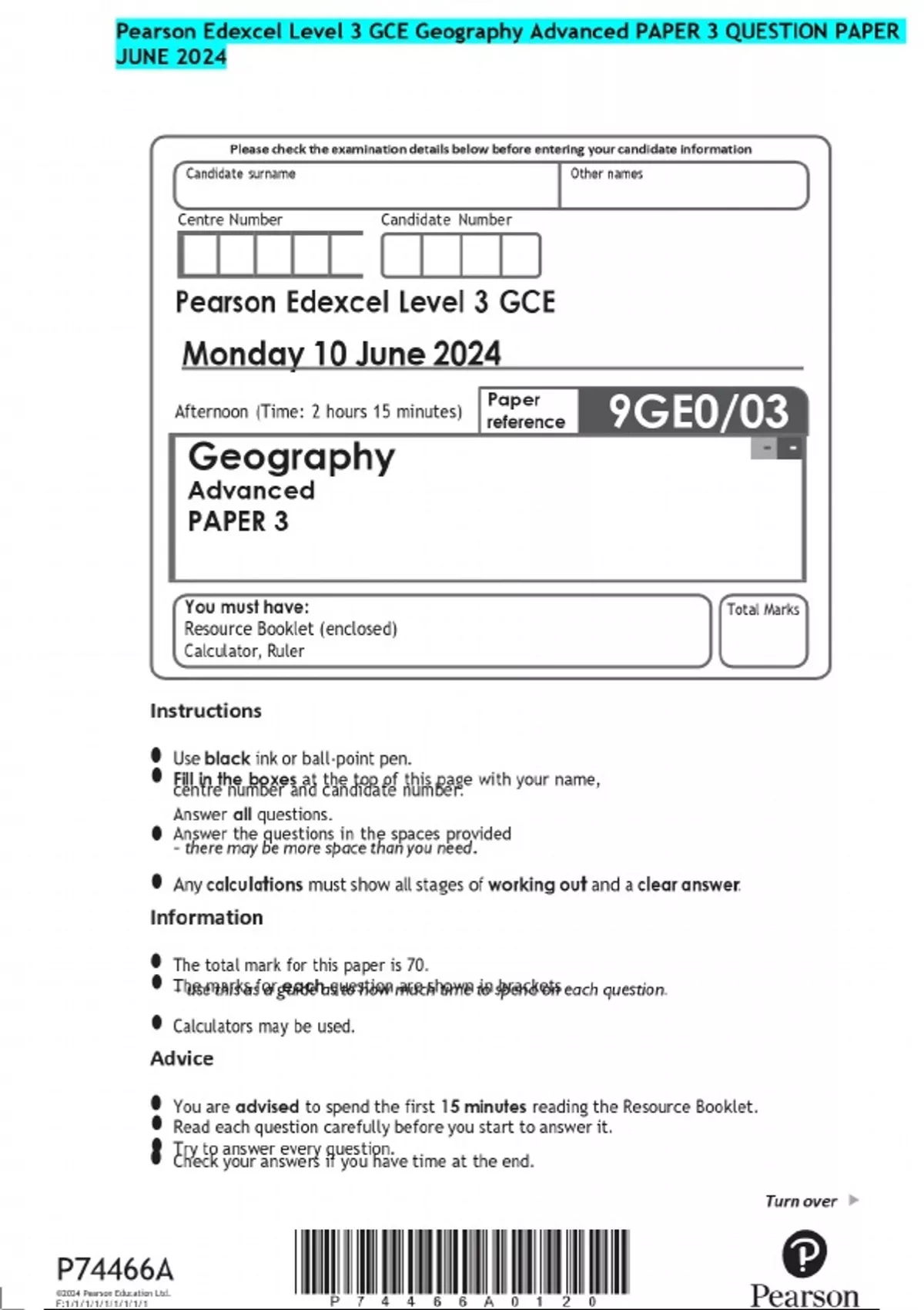 Pearson Edexcel Level 3 GCE Geography Advanced PAPER 3 QUESTION PAPER ...