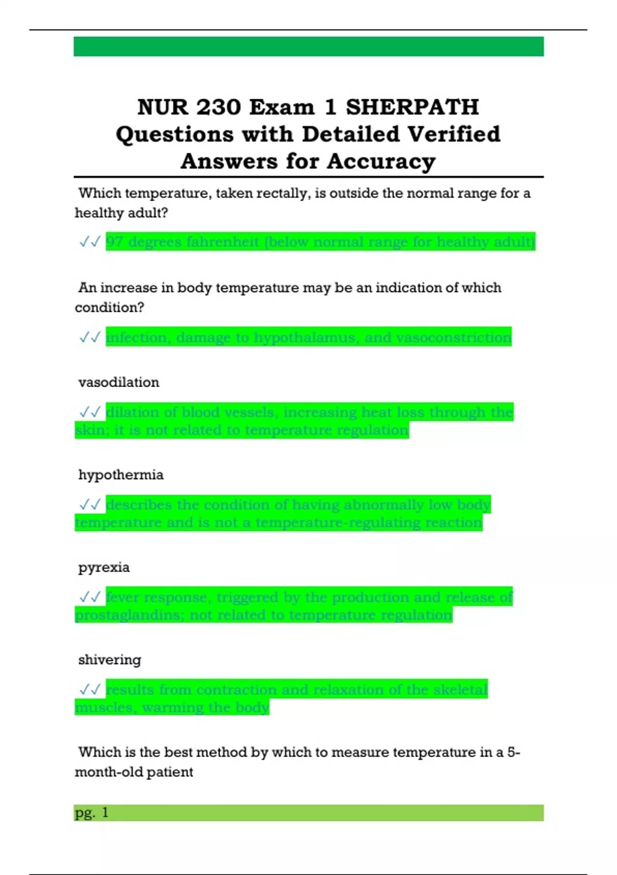 NUR 230 Exam 1 SHERPATH Questions with Detailed Verified Answers for ...