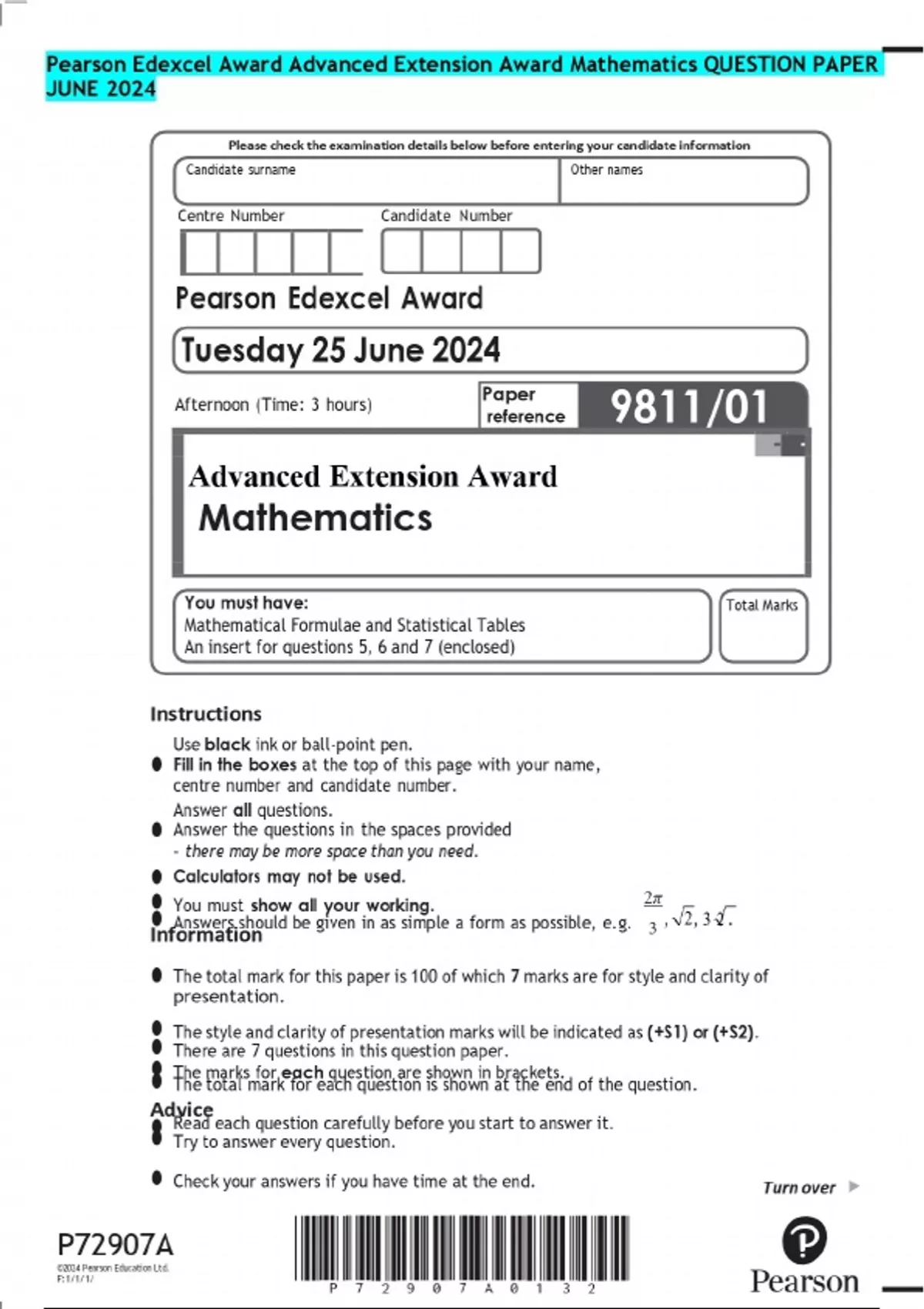 Math Question Extension Pearson Edexcel Award Advanced Extension Award Mathematics QUESTION ...