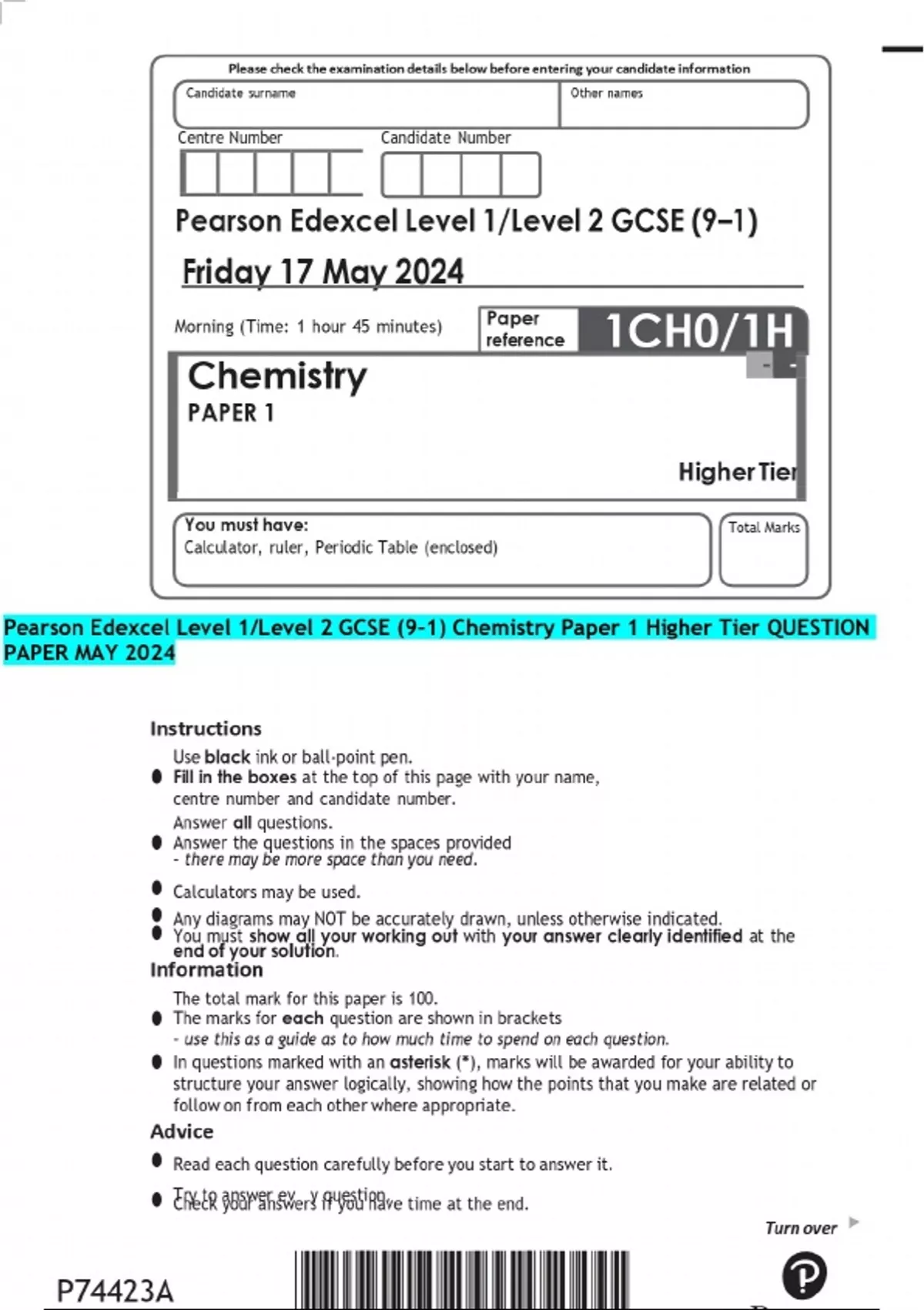 Pearson Edexcel Level 1/Level 2 GCSE (9–1) Chemistry Paper 1 Higher ...