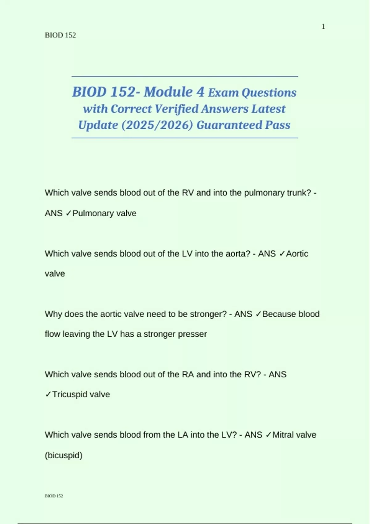 BIOD 152- Module 4 Exam Questions with Correct Verified Answers Latest ...