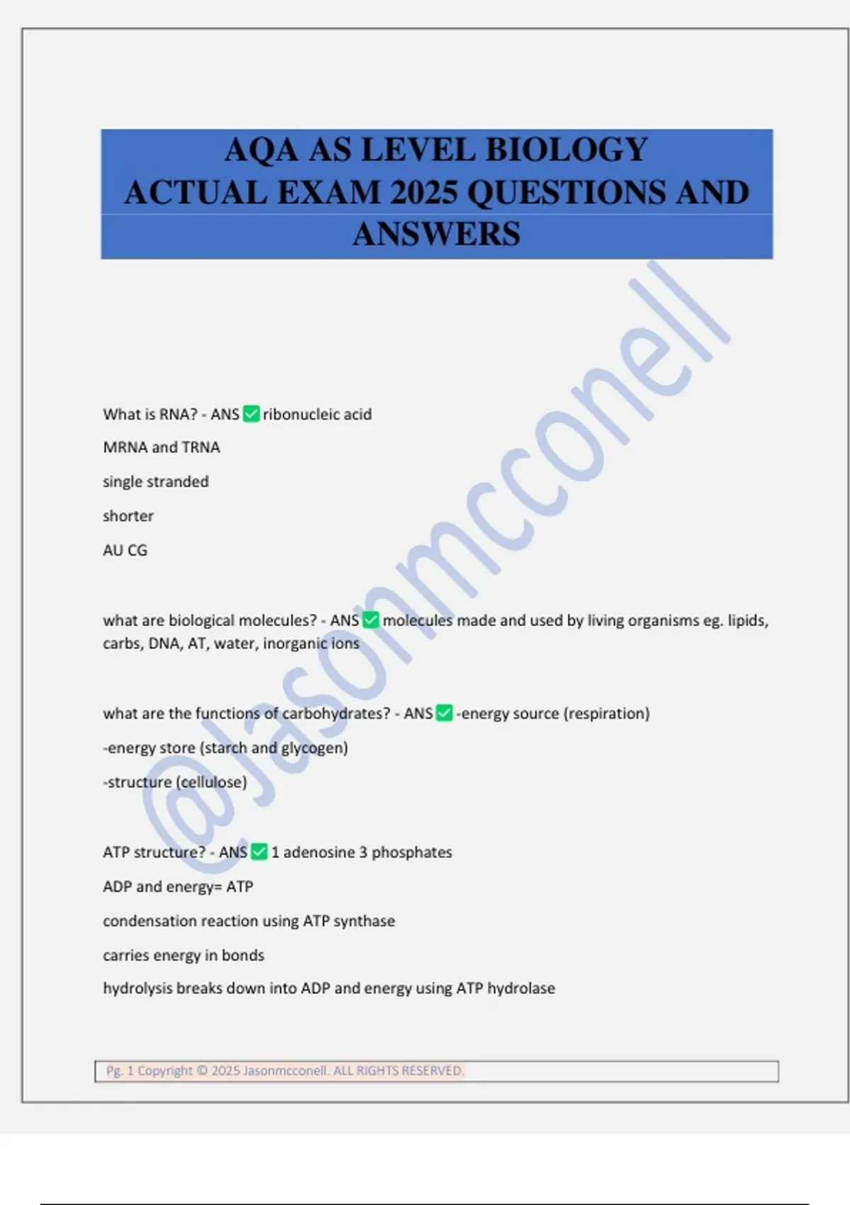 AQA AS LEVEL BIOLOGY ACTUAL EXAM 2025 QUESTIONS AND ANSWERS - BIOLOGY ...