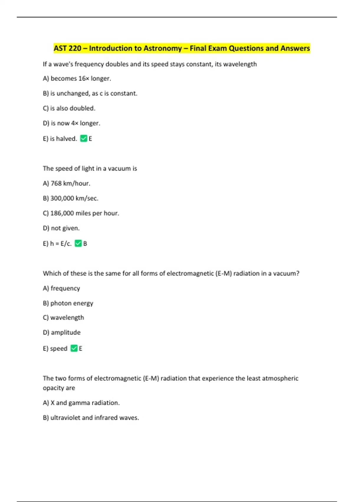 AST 220 – Introduction to Astronomy – Final Exam Questions and Answers ...