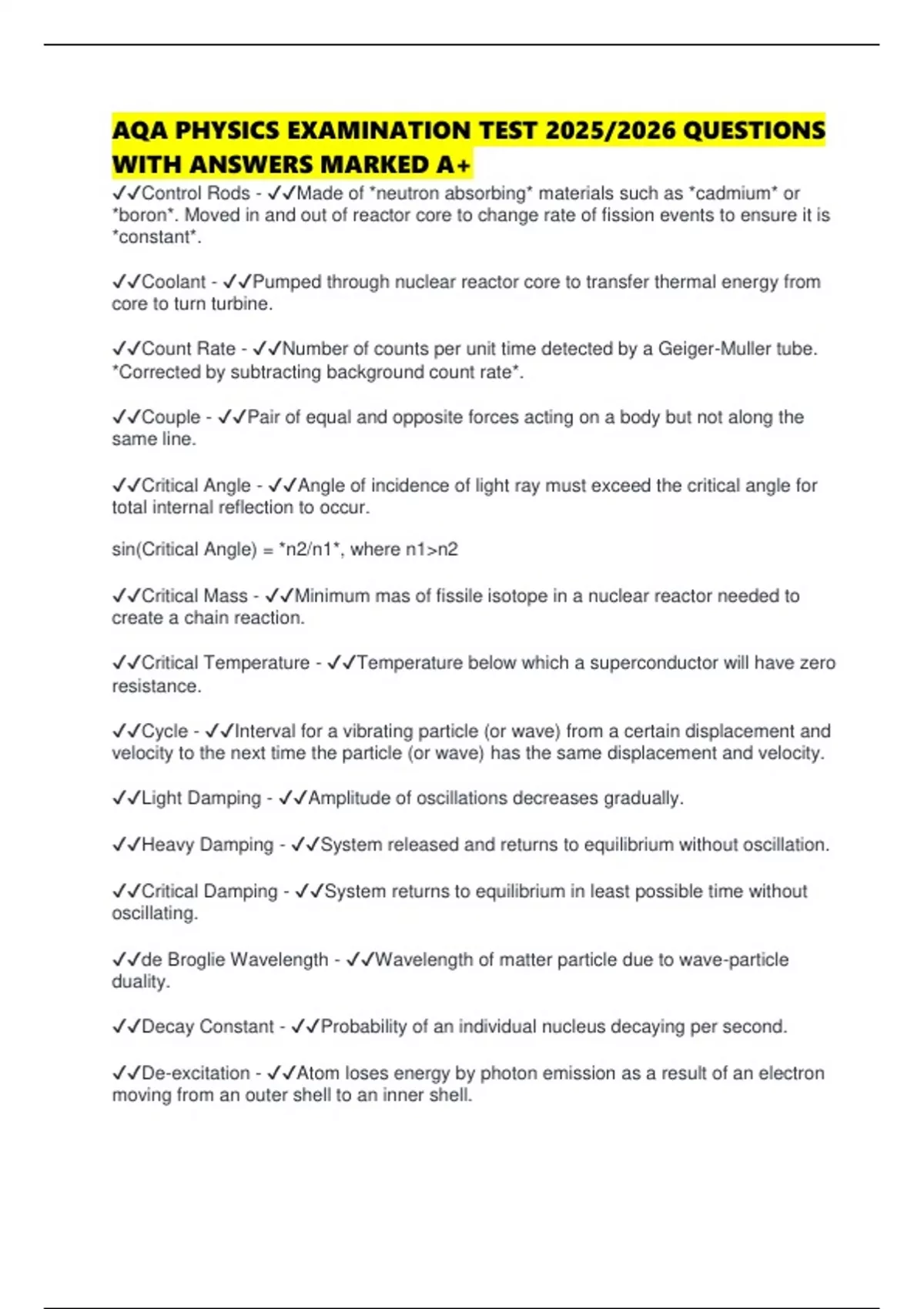 AQA PHYSICS EXAMINATION TEST 2025/2026 QUESTIONS WITH ANSWERS MARKED A+ ...