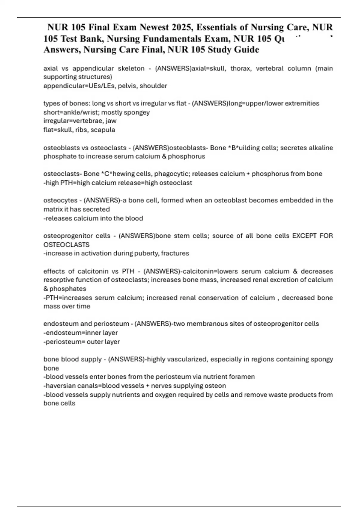 NUR 105 Final Exam Newest 2025, Essentials of Nursing Care, NUR 105 ...