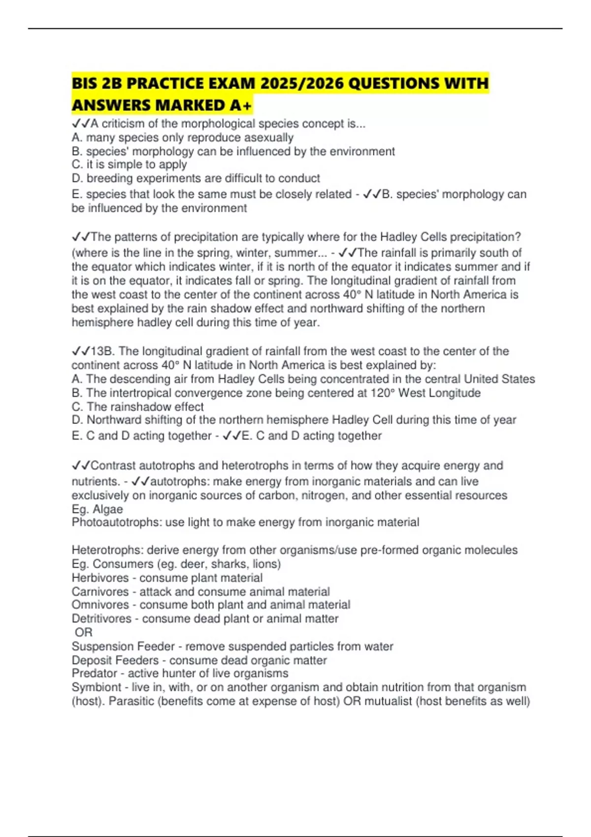 BIS 2B PRACTICE EXAM 2025/2026 QUESTIONS WITH ANSWERS MARKED A+ - BIS ...