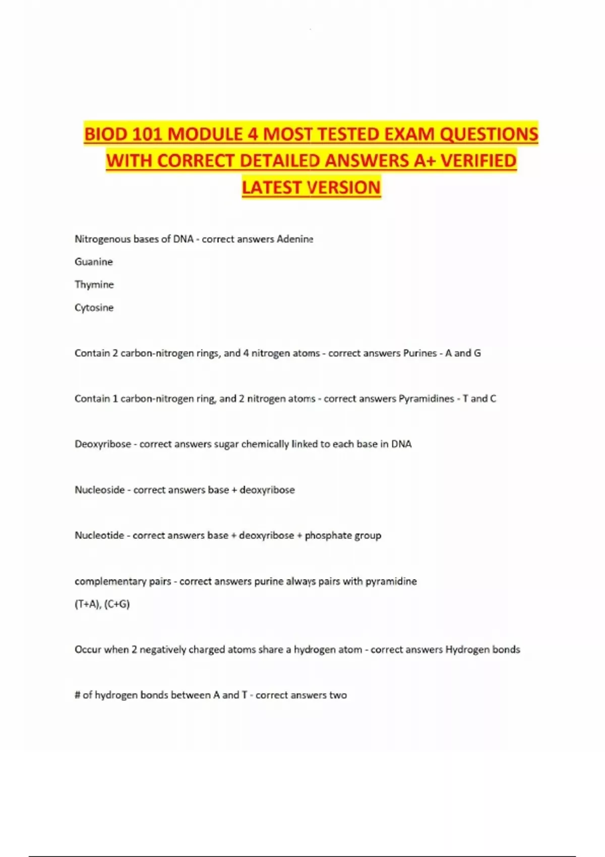 BIOD 101 MODULE 4 MOST TESTED EXAM QUESTIONS WITH CORRECT DETAILED ...
