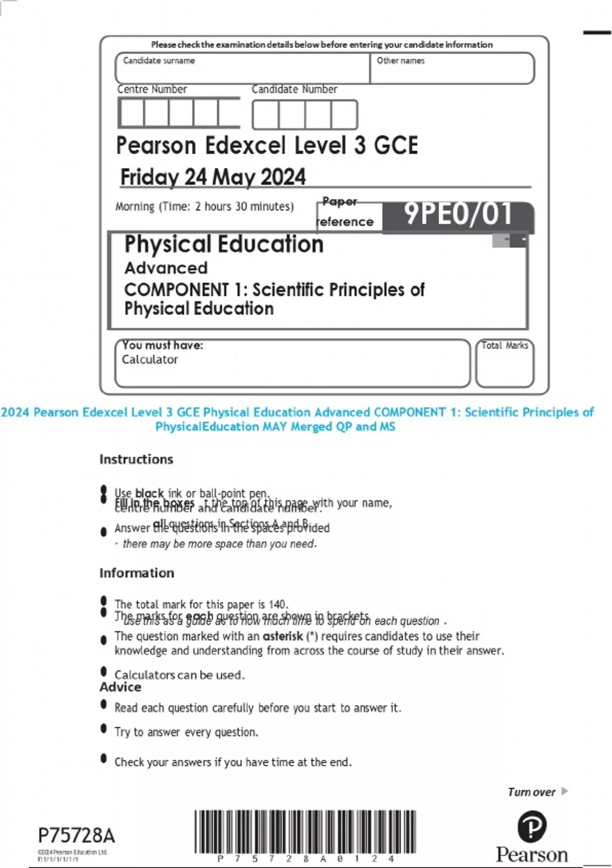 2024 Pearson Edexcel Level 3 GCE Physical Education Advanced COMPONENT ...
