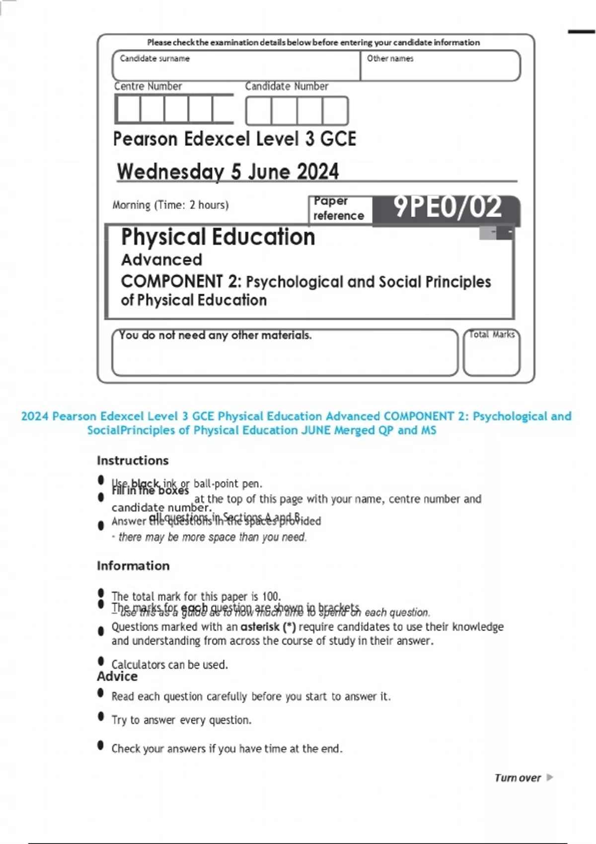 2024 Pearson Edexcel Level 3 GCE Physical Education Advanced COMPONENT ...