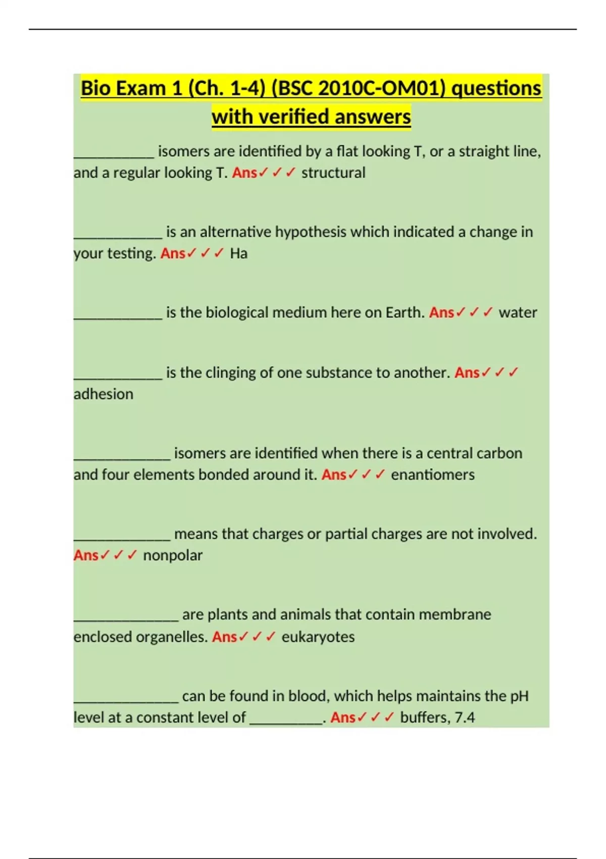 BSC 2010C – Exam 1 Study Guide (Chapters 1–4) – University of Central ...