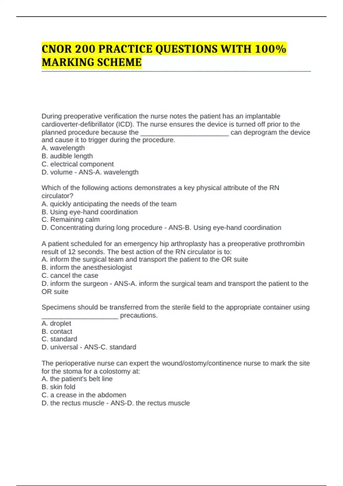 CNOR 200 PRACTICE QUESTIONS WITH 100% MARKING SCHEME - CNOR - Stuvia US