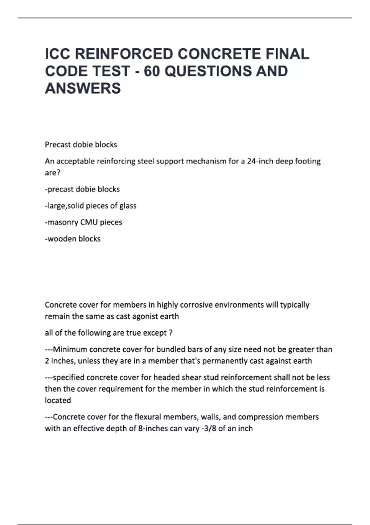 ICC REINFORCED CONCRETE FINAL CODE TEST - 60 QUESTIONS AND ANSWERS ...
