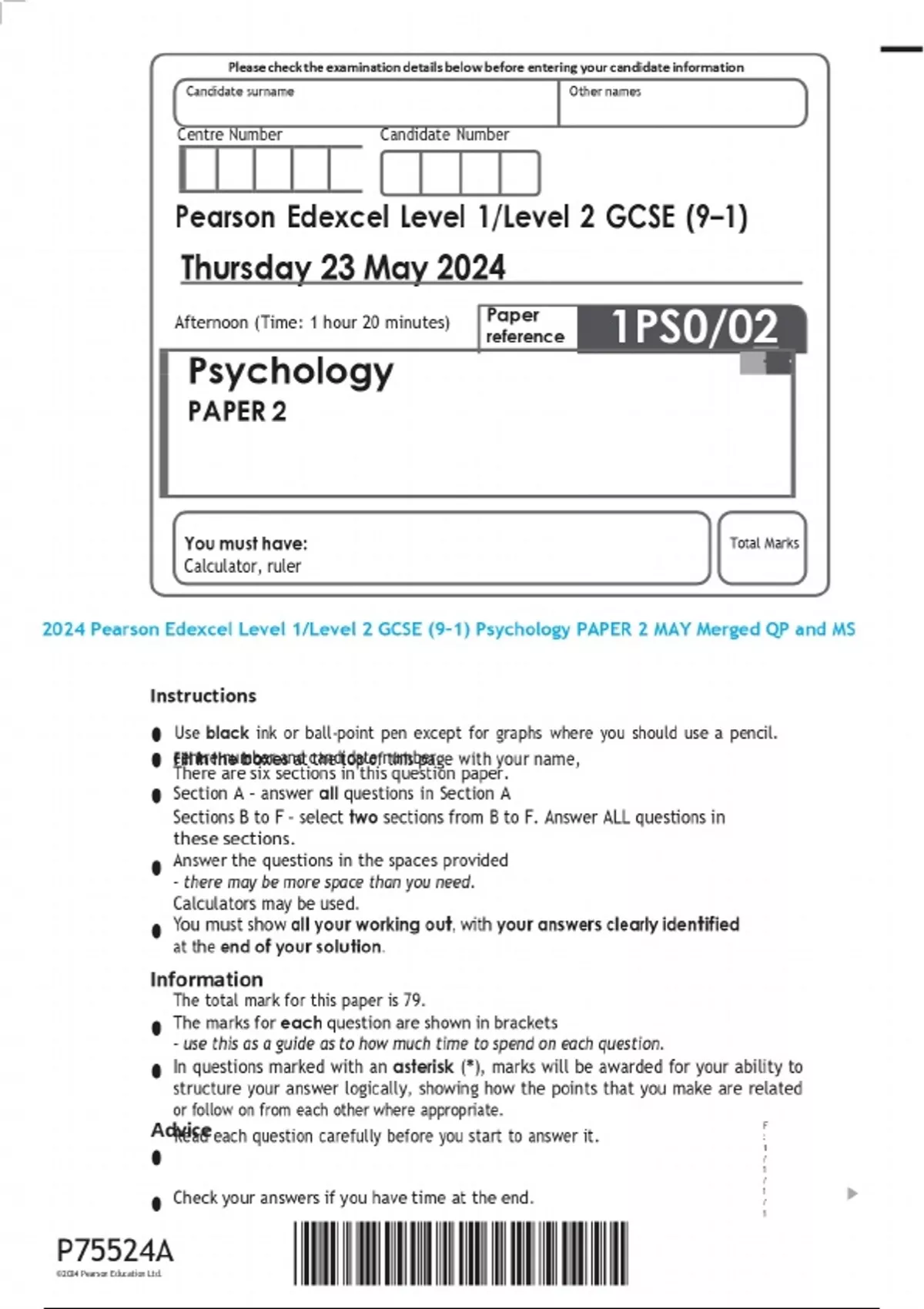 2024 Pearson Edexcel Level 1/Level 2 GCSE (9–1) Psychology PAPER 2 MAY ...