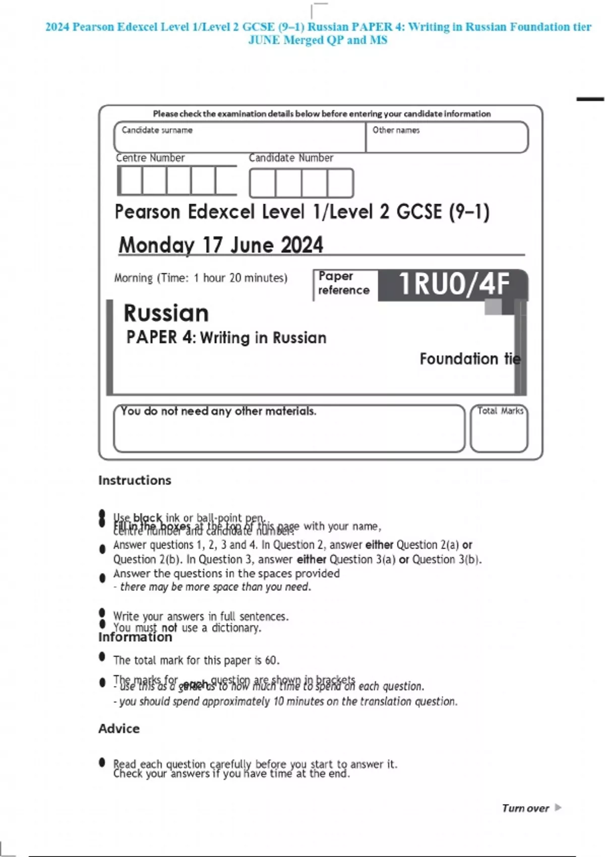 2024 Pearson Edexcel Level 1/Level 2 GCSE (9–1) Russian PAPER 4 ...