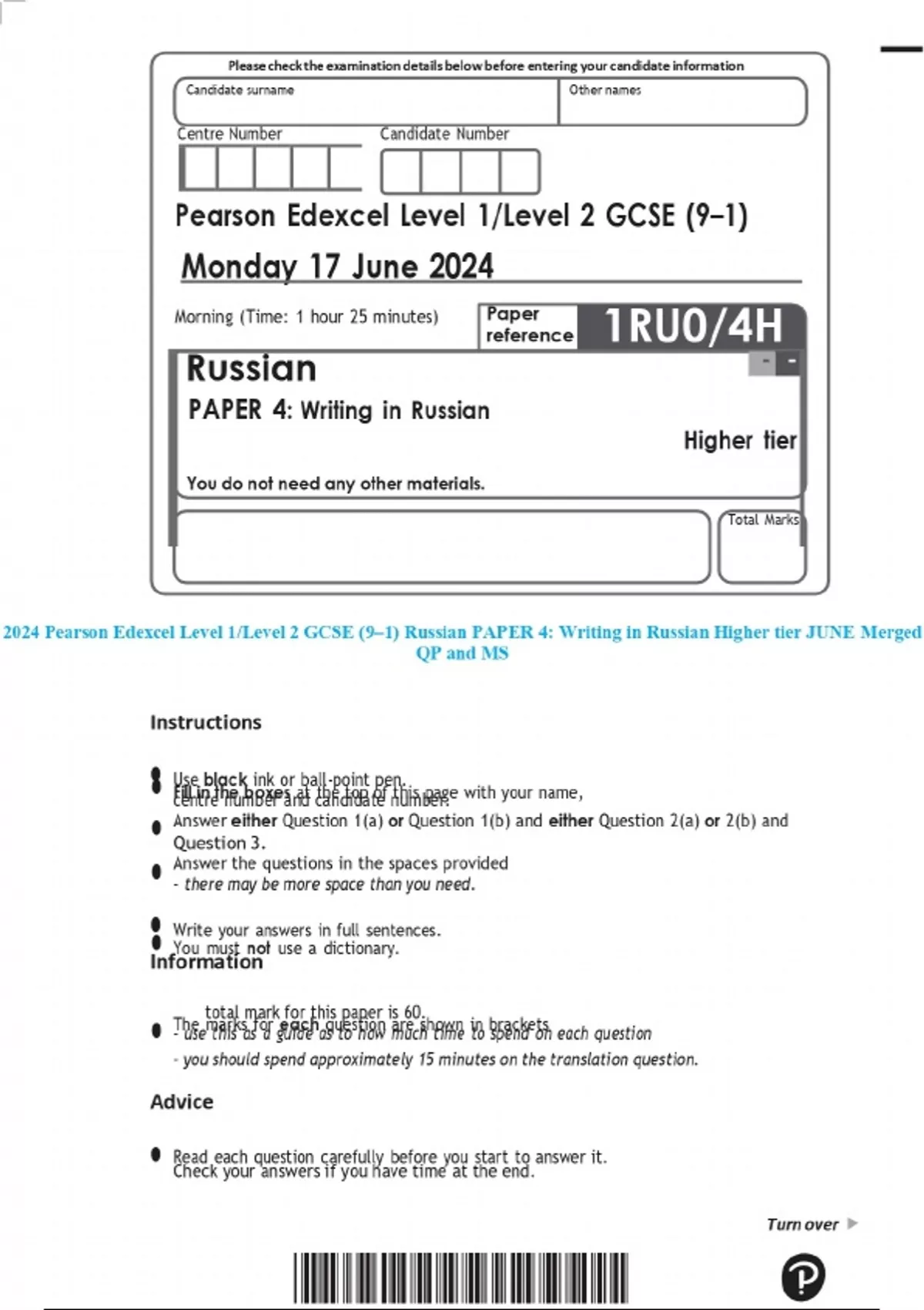 2024 Pearson Edexcel Level 1/Level 2 GCSE (9–1) Russian PAPER 4 ...