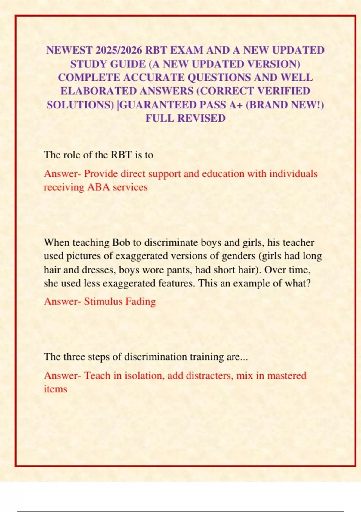 Study Guide Rbt 2025 NEWEST 2025/2026 RBT EXAM AND A NEW UPDATED STUDY GUIDE (A NEW UPDATED ...