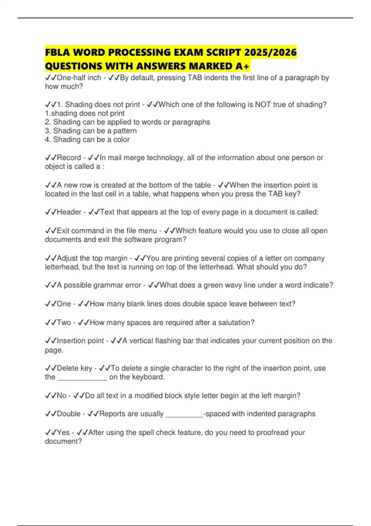 Computer Applications Fbla Practice Test FBLA WORD PROCESSING EXAM SCRIPT 2025/2026 QUESTIONS WITH ANSWERS ...