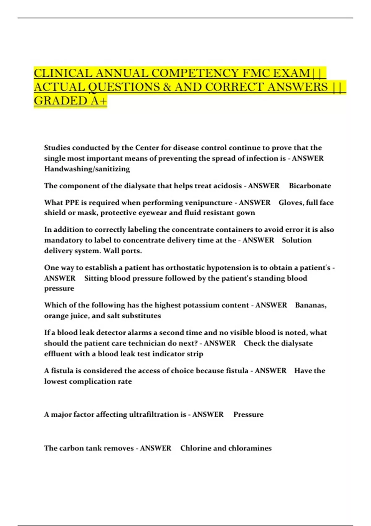 CLINICAL ANNUAL COMPETENCY FMC EXAM|| ACTUAL QUESTIONS & AND CORRECT ...