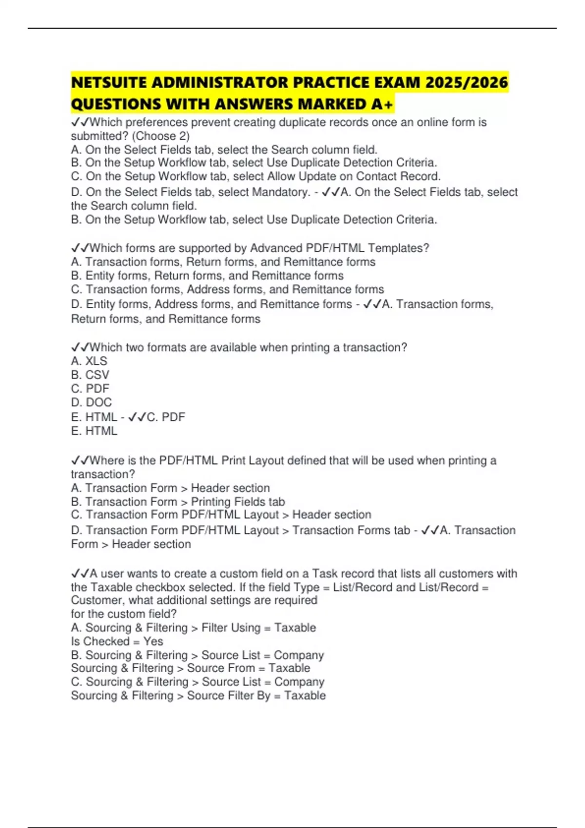 NETSUITE ADMINISTRATOR PRACTICE EXAM 2025/2026 QUESTIONS WITH ANSWERS ...