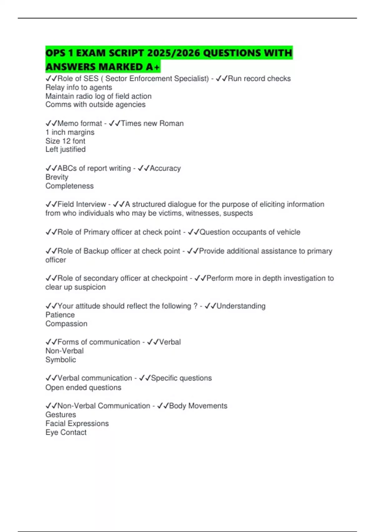 OPS 1 EXAM SCRIPT 2025/2026 QUESTIONS WITH ANSWERS MARKED A+ - OPS 1 ...