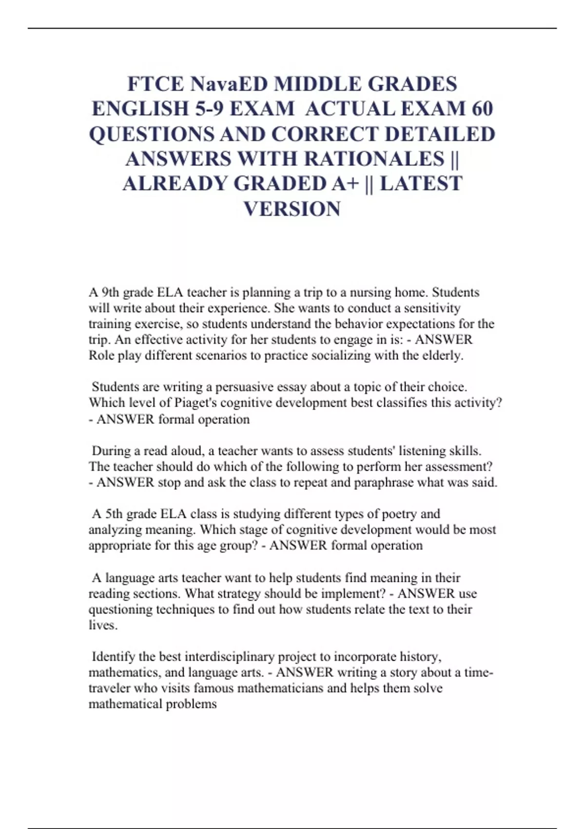 FTCE NavaED MIDDLE GRADES ENGLISH 59 EXAM ACTUAL EXAM 60