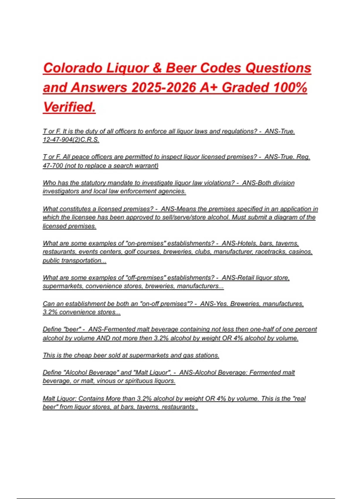 Colorado Liquor & Beer Codes Questions and Answers A+ Graded 100% ...